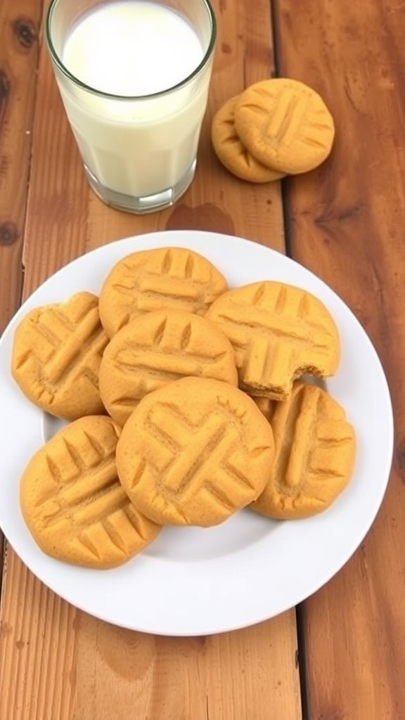 Simple 4-Ingredient Peanut Butter Cookies A plate of golden brown peanut butter cookies with a crisscross pattern, next to a glass of milk.